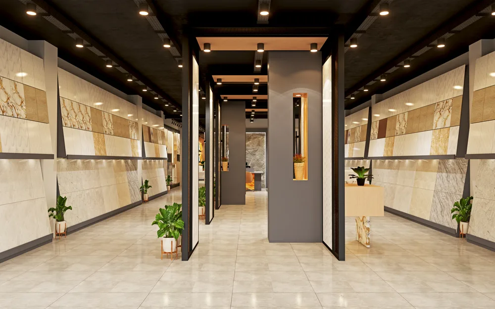 Engineered stone corridor with full-height panelled walls