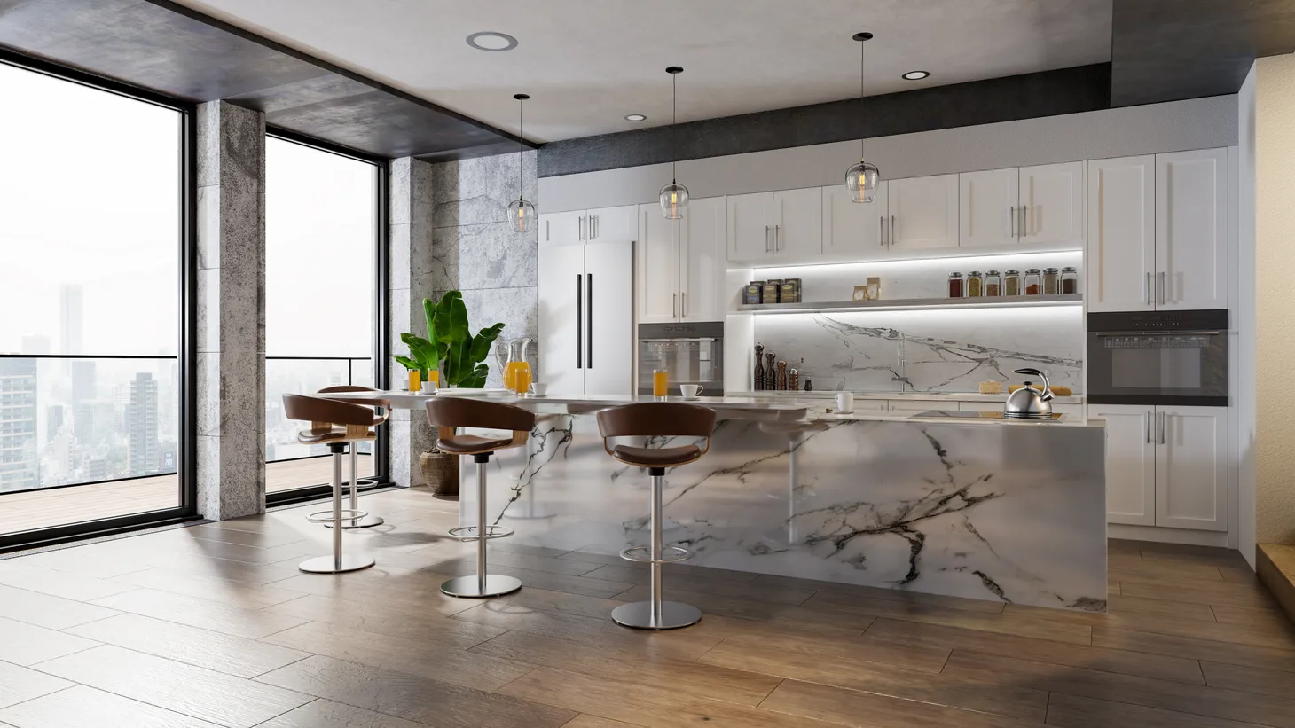 Bar seating at a veined engineered stone island