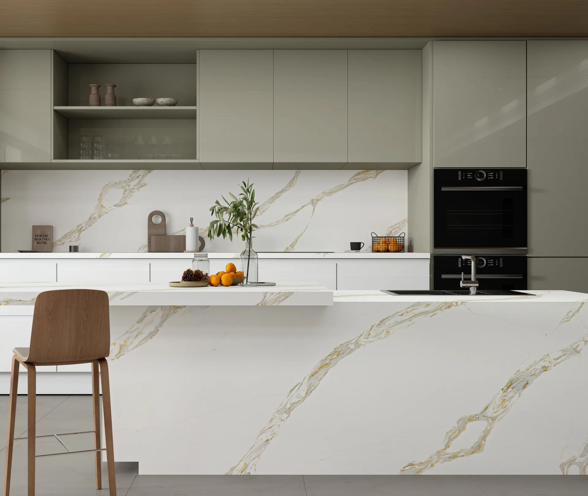 Marble kitchen island with bar seating