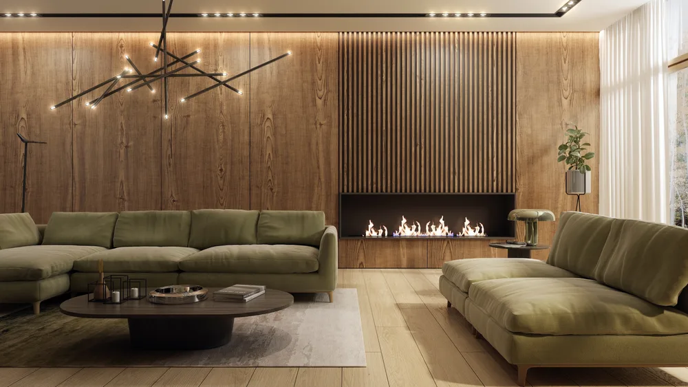 Fireplace wall clad in large-format porcelain