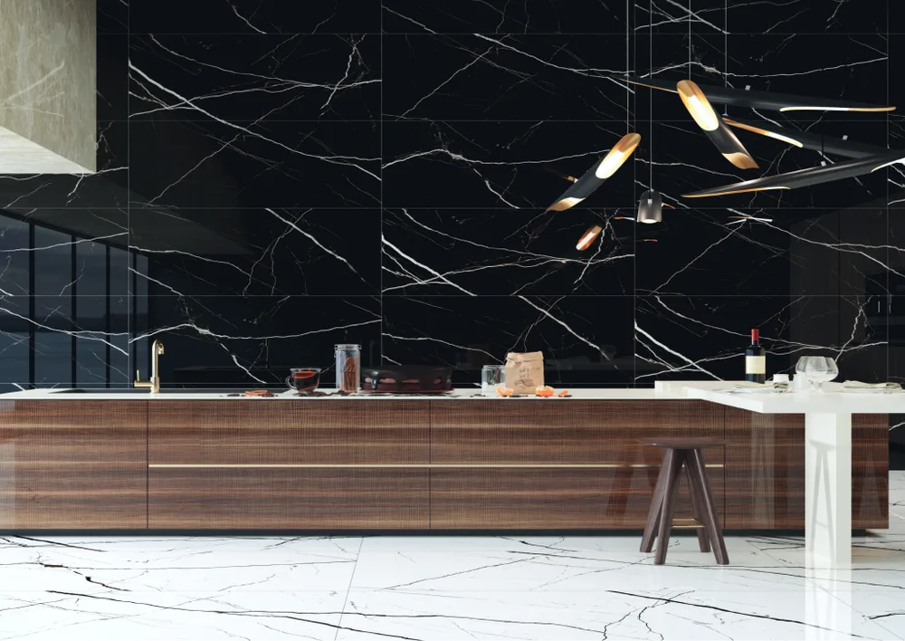 Bar front in dramatic black veined quartz