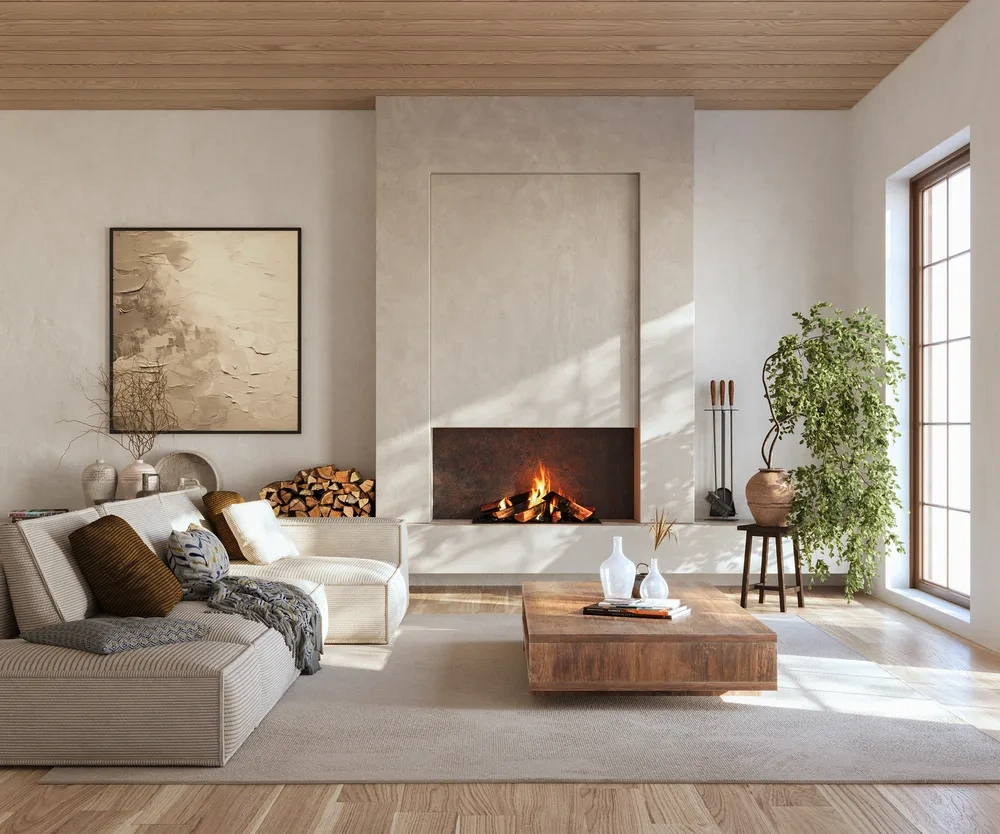 Linear fireplace set into a full-height stone surround
