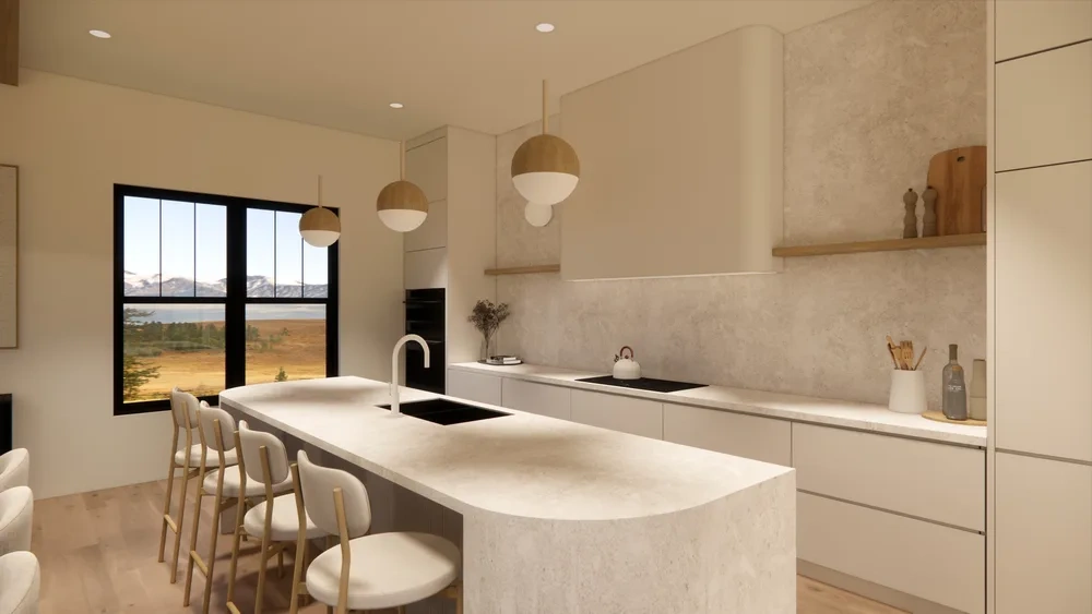Grey marble slab detail in an open-plan living space