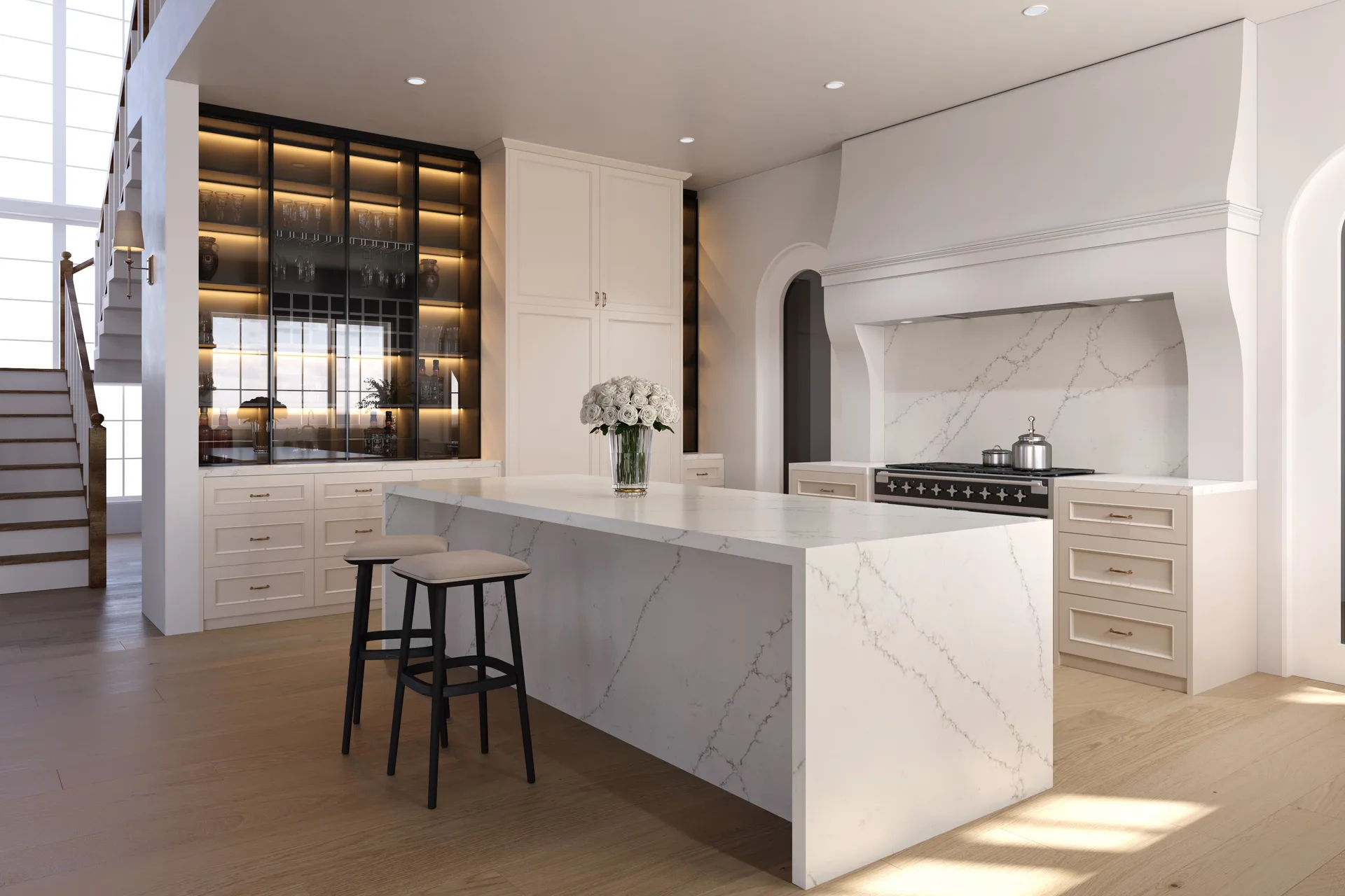 Marble kitchen with a fluted island and stone backsplash